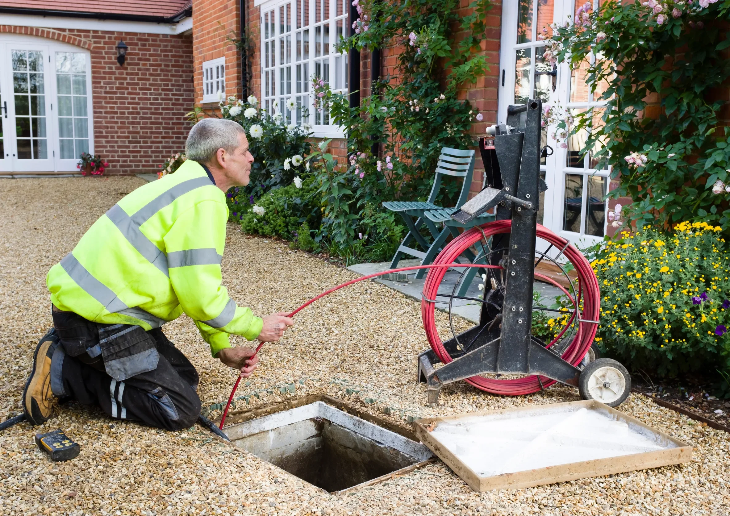 A professional drain cleaning engineer inspects a blocked household drain