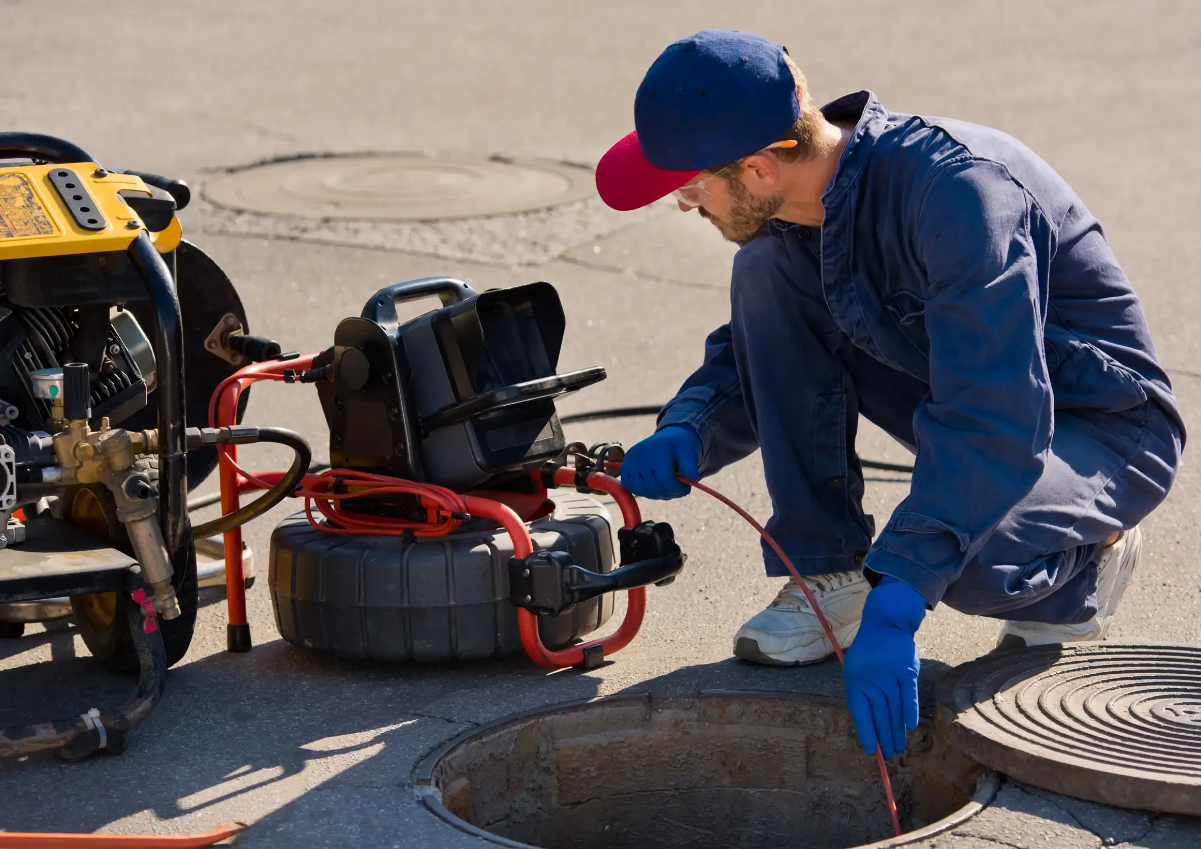 Plumber prepares to fix the problem in the sewer with portable camera for pipe inspection and other plumbing work