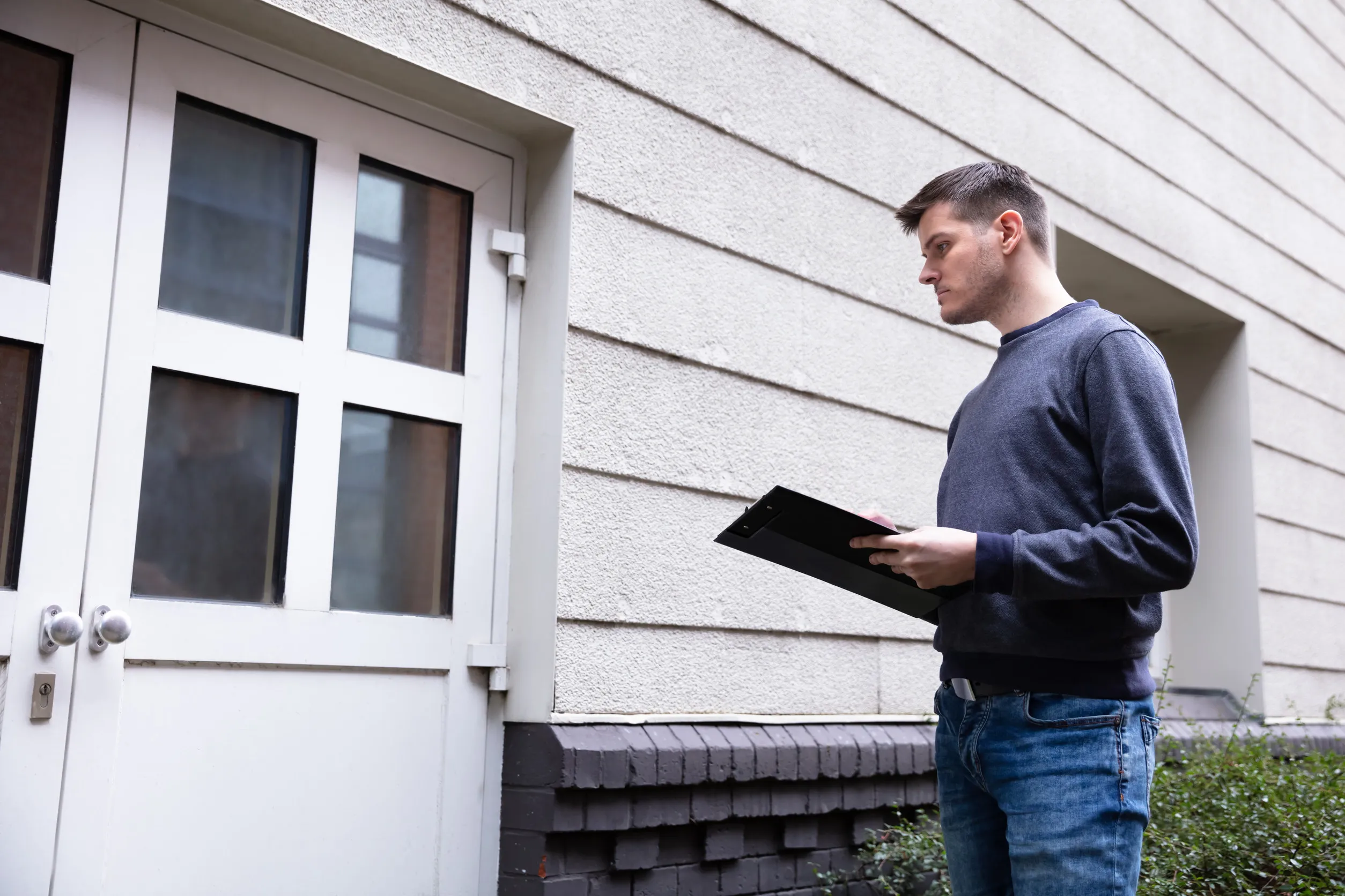 Service Man Holding Clipboard In Hand Standing In Front Of Closed Door