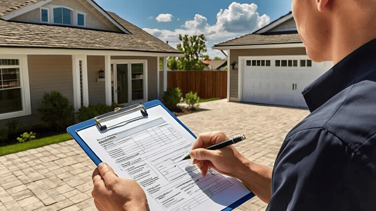 real-estate-home-property-inspecting-checklist-modern-suburban-home-white-brick-exterior-architectur